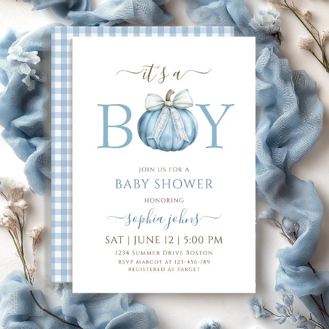 Little Pumpkin is On The Way Blue Bow baby shower Invitation (Creator Uploaded)