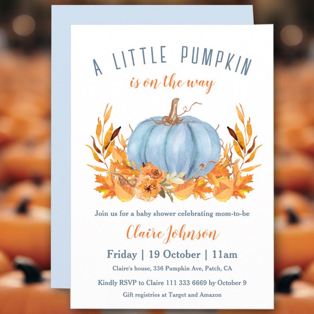 Little Pumpkin Is On The Way Blue Boy Baby Shower Invitation (Little Pumpkin Is On The Way Blue Boy Baby Shower Invitation)