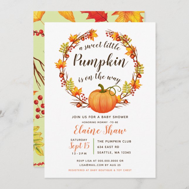 little pumpkin is on the way fall baby shower invitation (Front/Back)