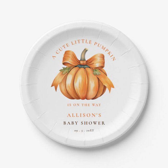 little pumpkin is on the way fall baby shower paper plate (Front)