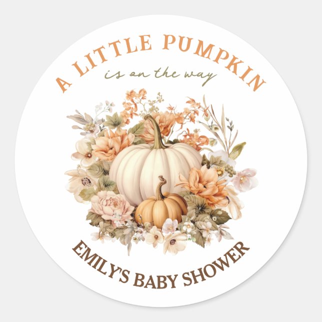 Little Pumpkin Is On The Way Neutral Baby Shower Classic Round Sticker (Front)