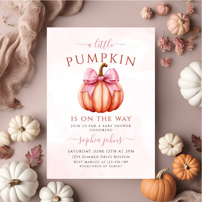 Little Pumpkin is On The Way Pink Bow baby shower Invitation (Creator Uploaded)