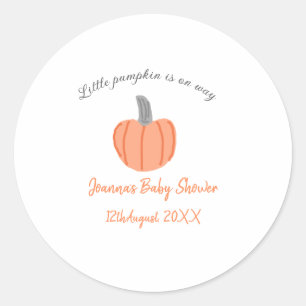 Little pumpkin is on way orange grey baby shower a classic round sticker