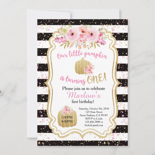 Little Pumpkin is ONE! Gold Pink Invitation (Front)