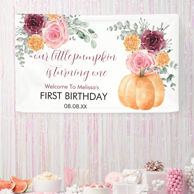 Little pumpkin is turning one birthday welcome banner (Creator Uploaded)