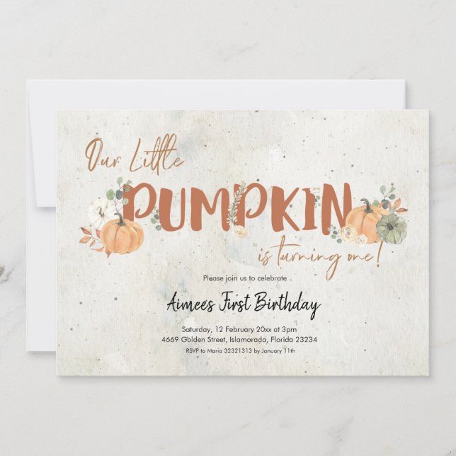 Little Pumpkin is Turning One Girl Birthday Invitation (Front)