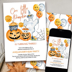 Little Pumpkin is Turning Three Halloween Birthday Invitation