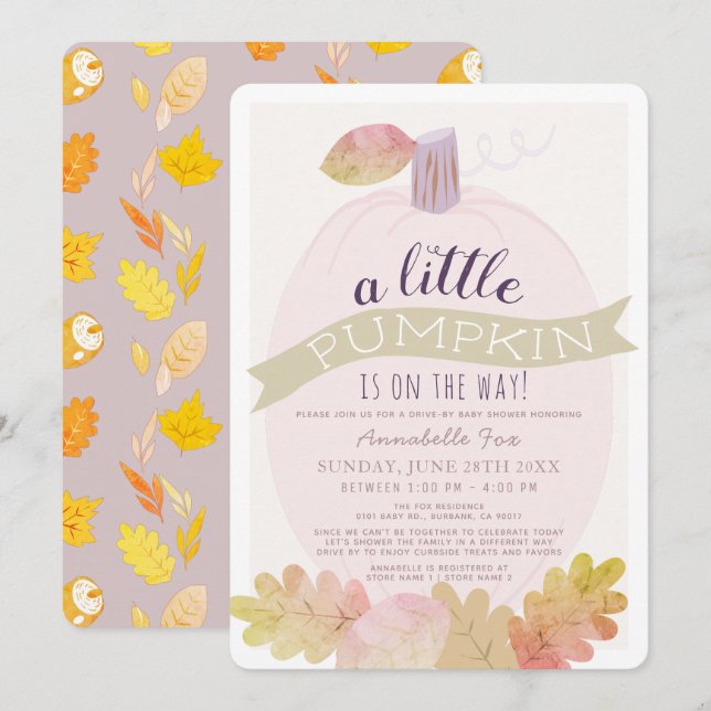 Little Pumpkin Lavender Pink Drive-by Baby Shower Invitation (Front/Back)
