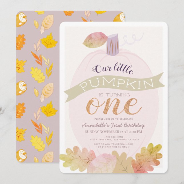 Little Pumpkin Lavender Pink Girl 1st Birthday Invitation (Front/Back)