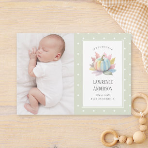 Little Pumpkin Light Sage Green 2 Photo Birth Announcement