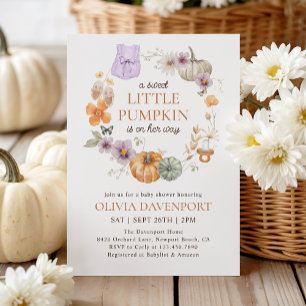 Little Pumpkin Lilac Floral Fall Girl Baby Shower Invitation