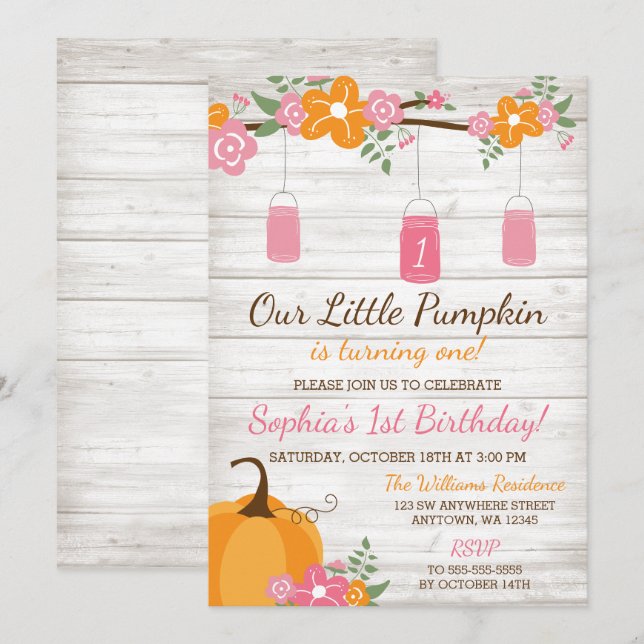 Little Pumpkin Mason Jars Fall Girl First Birthday Invitation (Front/Back)