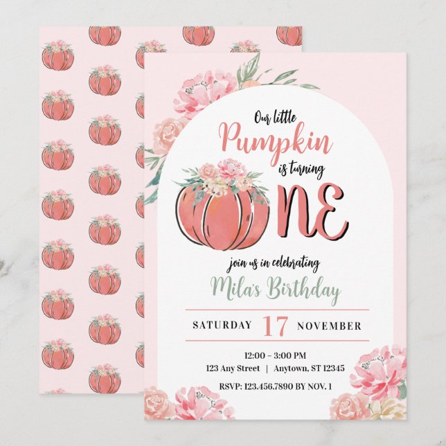 Little Pumpkin Modern Floral Girl Fall Birthday Invitation (Front/Back)