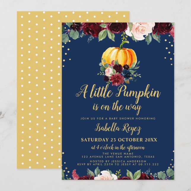 little pumpkin navy floral baby shower invitation (Front/Back)