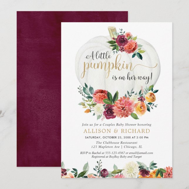 Little pumpkin on her way fall floral girl baby invitation (Front/Back)