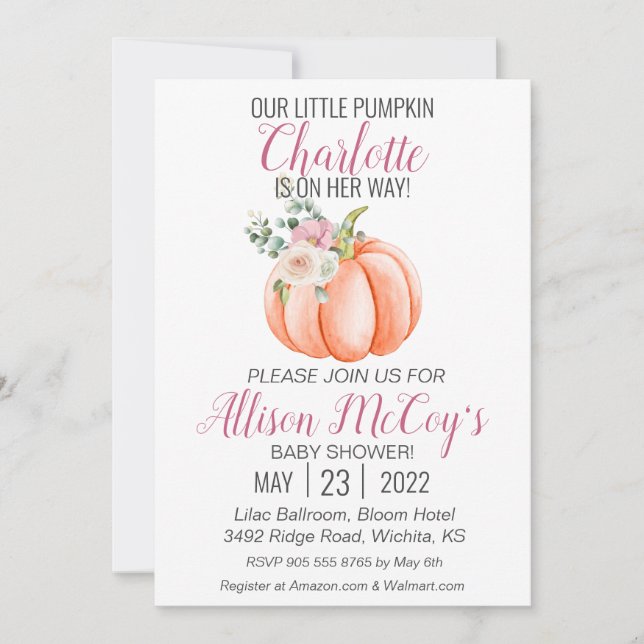 Little Pumpkin on Her Way Pink Floral Baby Shower Invitation (Front)