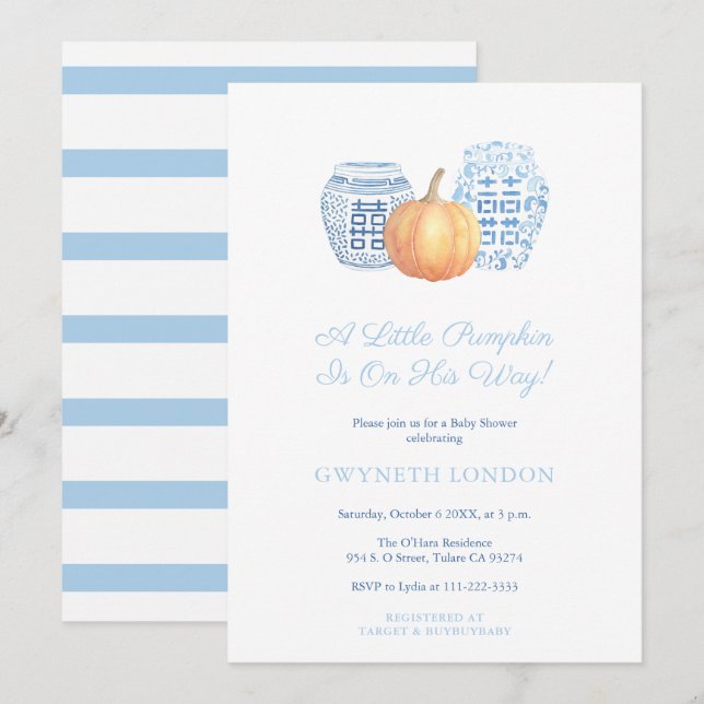 Little Pumpkin On His Way Fall Baby Shower For Boy Invitation (Front/Back)