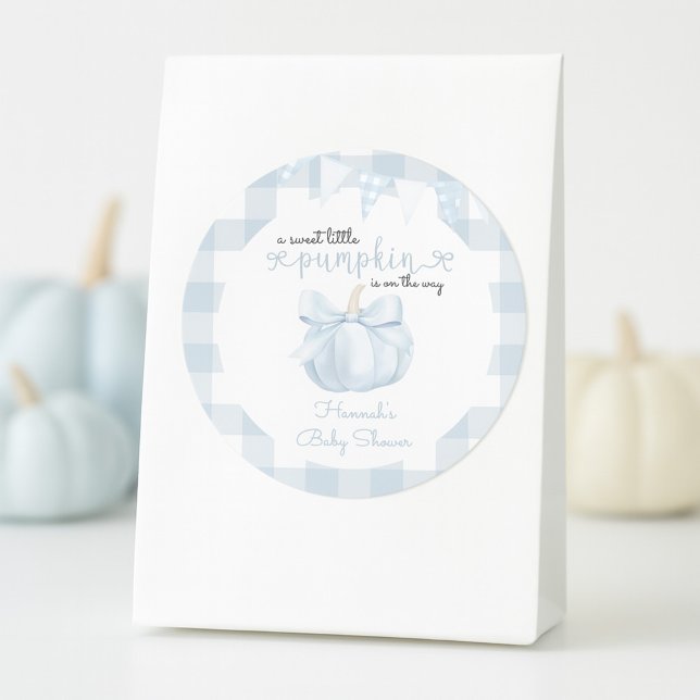 Little Pumpkin on the Way Blue Bow Baby Shower Classic Round Sticker (Creator Uploaded)