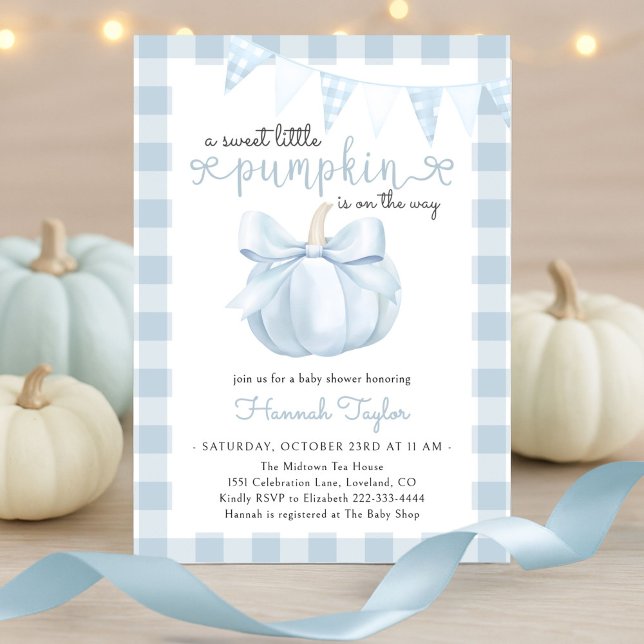 Little Pumpkin on the Way Blue Bow Baby Shower Invitation (Creator Uploaded)