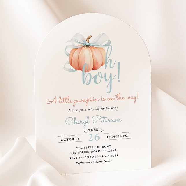 Little Pumpkin on the Way Blue Bow Boy Baby Shower Invitation (Creator Uploaded)