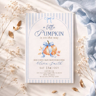 Little Pumpkin on the Way Blue Bow Boy Baby Shower Invitation