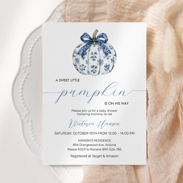 Little Pumpkin on the Way Boy Baby Shower Blue Bow Invitation (Pumpkin Baby shower invitation)