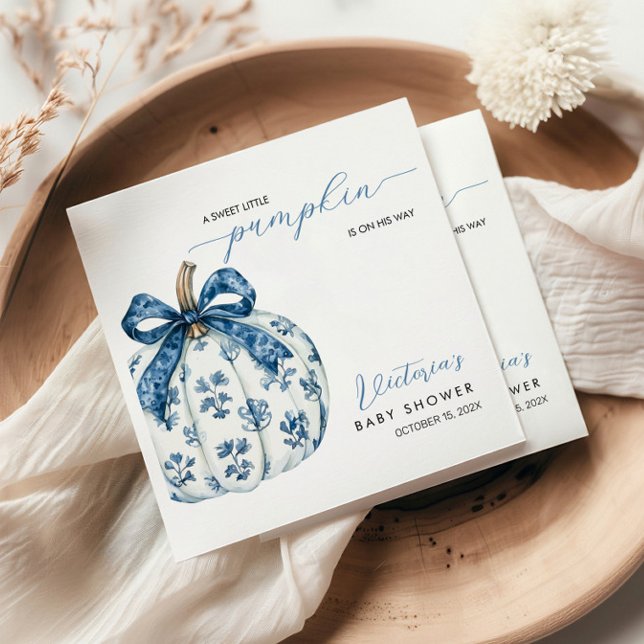 Little Pumpkin on the Way Boy Baby Shower Blue Bow Napkin (Creator Uploaded)