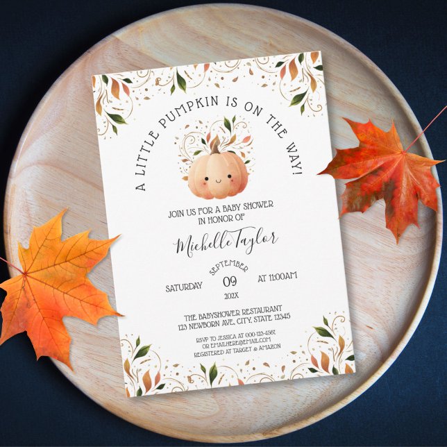 Little Pumpkin on the Way Fall Floral Baby Shower Invitation (cute watercolor kawaii pumpkin with autumn leaves baby shower invitation)
