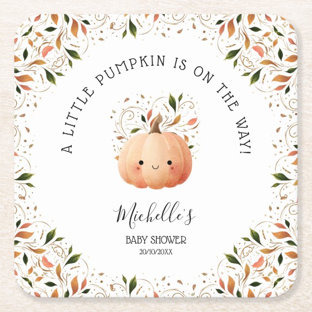 Little Pumpkin on the Way Fall Floral Baby Shower Square Paper Coaster (Front)