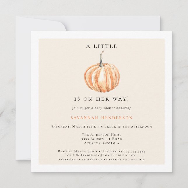  Little Pumpkin On The Way Girl Baby Shower Invitation (Front)