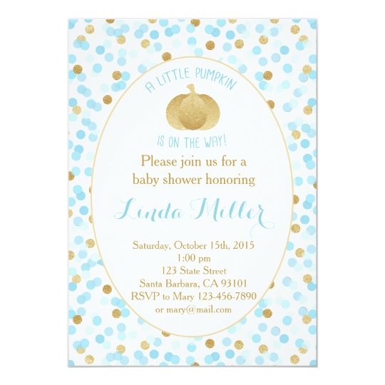 Little Pumpkin on the Way Invitation Blue Gold