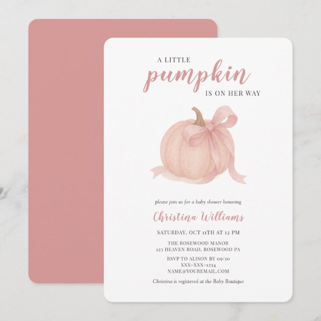 Little Pumpkin on the Way Pink Baby Shower Invitation (Front/Back)
