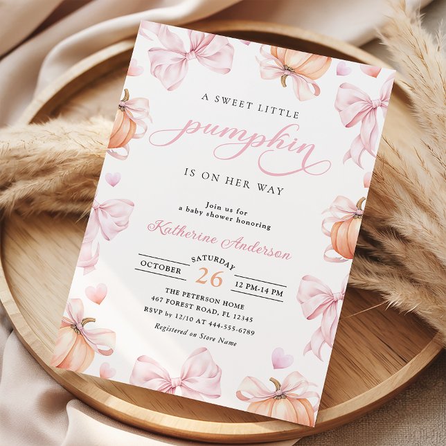Little Pumpkin on the Way Pink Bow Baby Shower Invitation (Creator Uploaded)