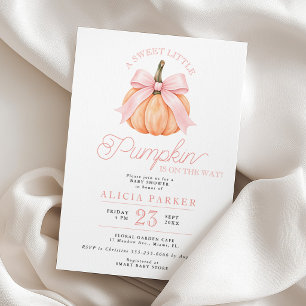 Little pumpkin on the way pink bow baby shower invitation