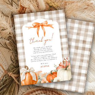 Little pumpkin orange bow gingham baby shower thank you card
