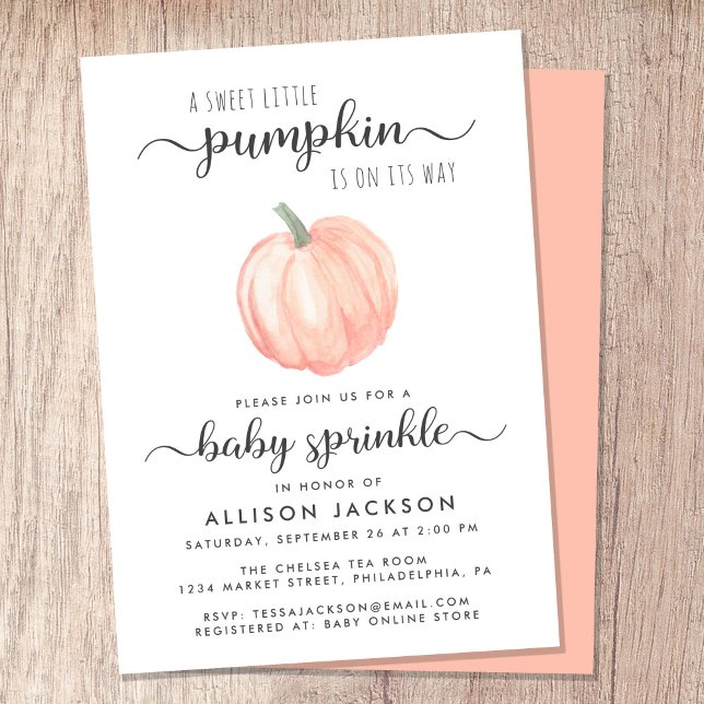 Little Pumpkin Orange Watercolor Baby Sprinkle Invitation (Celebrate the upcoming arrival of your sweet little autumn baby with a pumpkin-themed baby sprinkle)