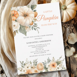 Little Pumpkin Orange White Floral Baby Shower Invitation
