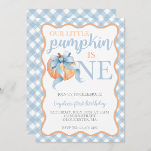 Little Pumpkin Pastel Blue Bow fall 1st Birthday Invitation