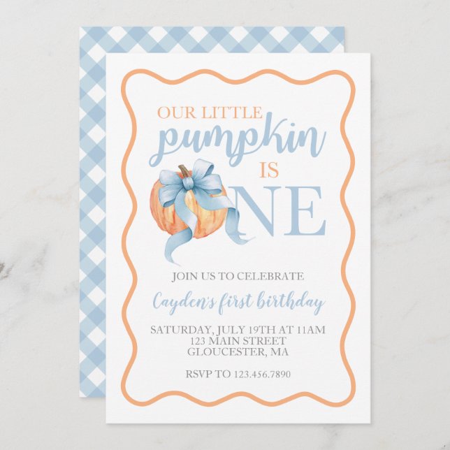 Little Pumpkin Pastel Blue Bow fall 1st Birthday Invitation (Front/Back)