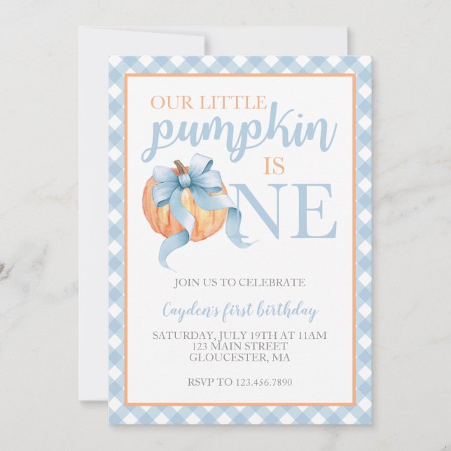 Little Pumpkin Pastel Blue Bow fall 1st Birthday Invitation (Front)