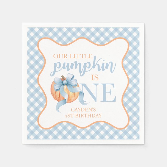 Little Pumpkin pastel blue bow plaid 1st birthday Napkin (Front)