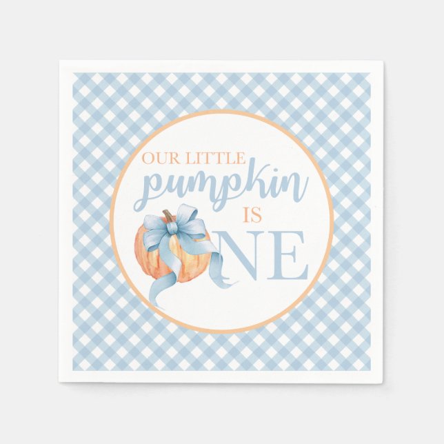 Little Pumpkin pastel blue bow plaid 1st birthday Napkin (Front)