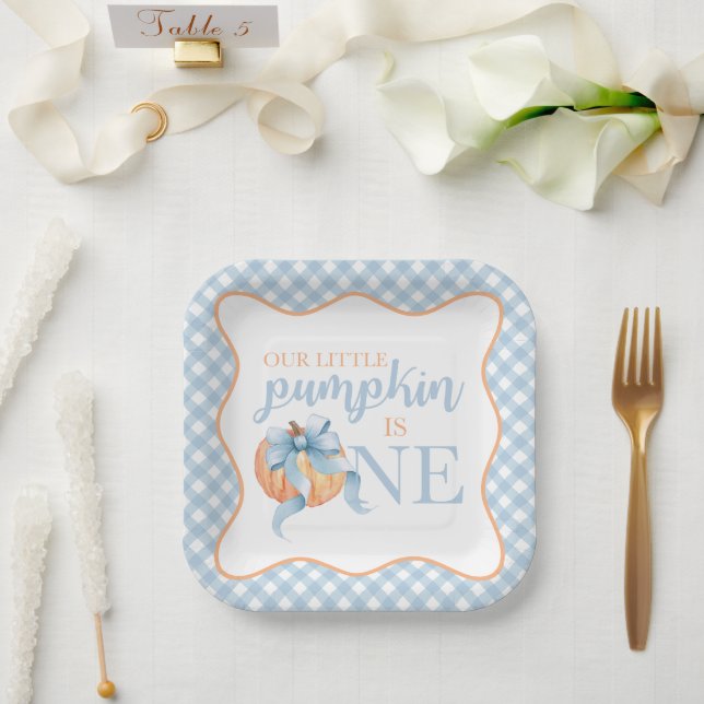 Little Pumpkin pastel blue bow plaid 1st birthday Paper Plate (Wedding)