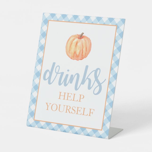 Little Pumpkin Pastel blue Fall Birthday Drinks Pe Pedestal Sign (Front)