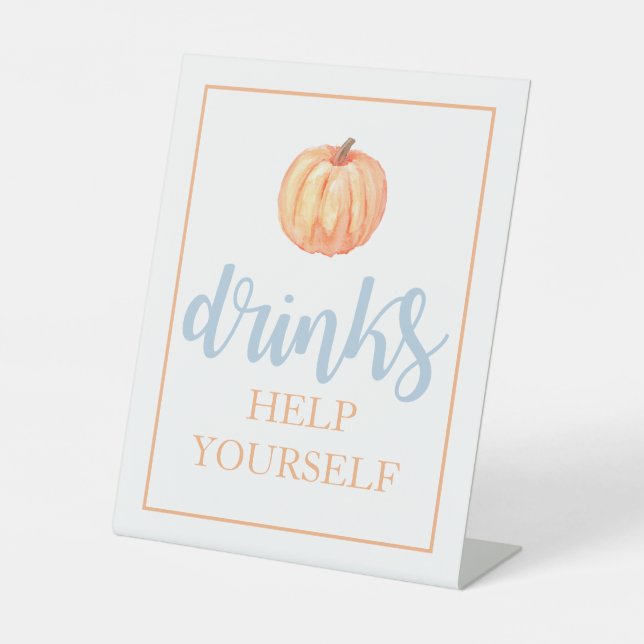 Little Pumpkin Pastel blue Fall Birthday Drinks Pedestal Sign (Front)