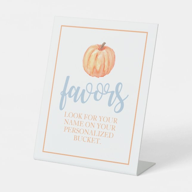 Little Pumpkin Pastel blue Fall Birthday Favour Pedestal Sign (Front)