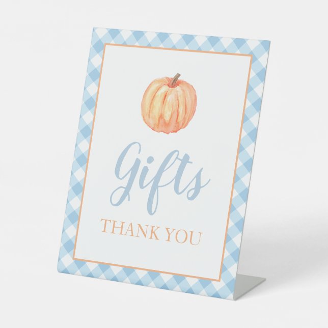 Little Pumpkin Pastel blue Fall Birthday Gifts Ped Pedestal Sign (Front)