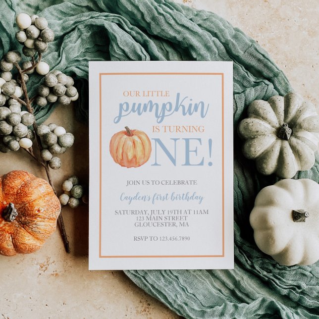 Little Pumpkin Pastel Blue Fall First Birthday Inv Invitation (Creator Uploaded)