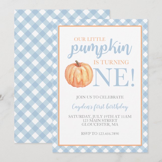 Little Pumpkin Pastel Blue Fall First Birthday Inv Invitation (Front/Back)