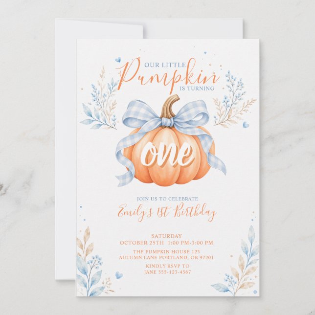 Little Pumpkin Pastel Blue Fall First Birthday Invitation (Front)